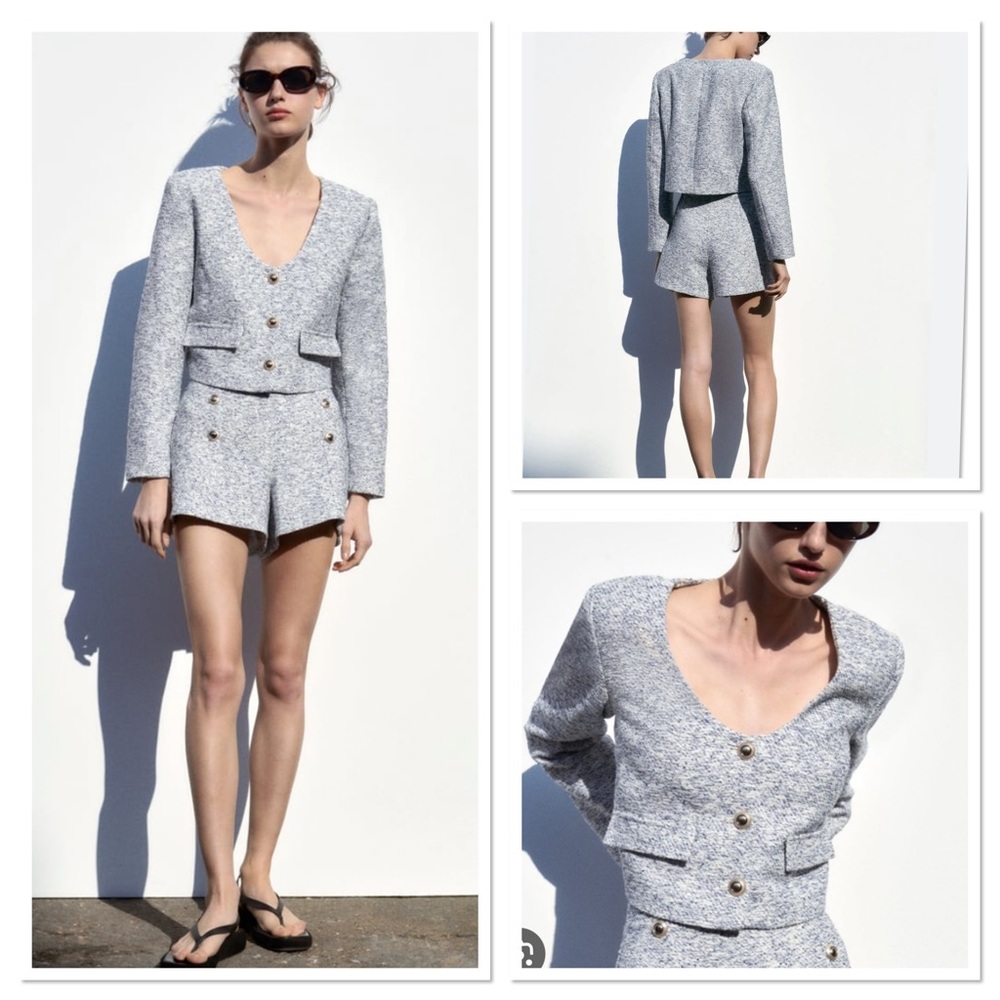 Zara Round Neck Textured Gold Button Blazer Jacket Sz:M NWT